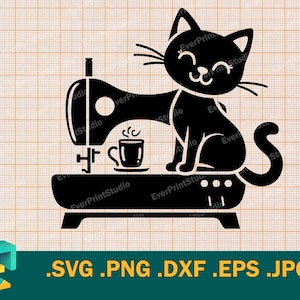 May include: Black silhouette of a cat sitting on a sewing machine with a cup of coffee. The cat is looking to the right. The sewing machine has a foot pedal and a needle. The cup of coffee has steam coming from it.