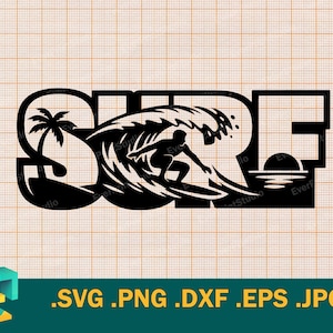 Peut inclure: Graphique noir et blanc du mot "SURF" avec un palmier, un surfeur sur une vague et un coucher de soleil. L'image comprend les extensions de type de fichier : .SVG .PNG .DXF .EPS .JPG.