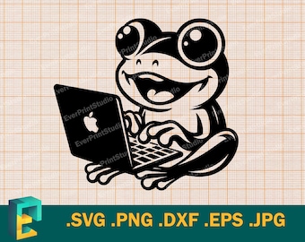 Könnte beinhalten: Eine Schwarzweißillustration eines Frosches, der einen Laptop benutzt. Der Frosch lächelt und hat große Augen. Der Laptop hat ein weißes Apple-Logo auf dem Bildschirm und den Text "EverPrintStudio" an der Seite.