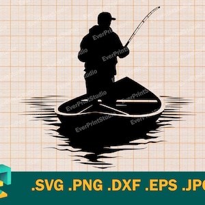 Pescador SVG - Cricut, silueta / Vector Pescador en barco Archivo de corte / Archivos de corte Svg de pesca para Cricut, Clipart de pesca, png, eps, dxf