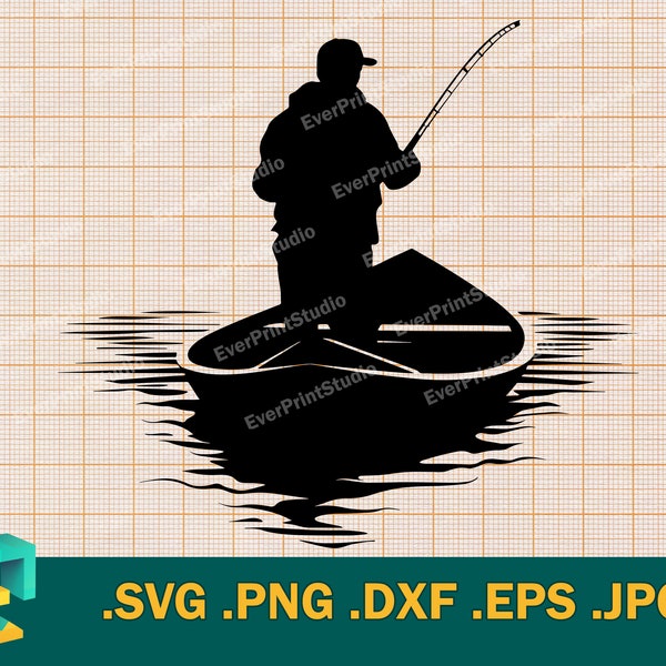 Fisherman SVG - Cricut, Silhouette | Vector Fisherman in Boat Cut File | Fishing Svg Cut Files for Cricut, Fishing Clipart, png, eps, dxf