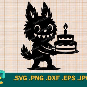 Bolo de Aniversário Monstro SVG - Cricut, Silhueta | Vetor Monstro Fofo com Modelo de Arquivo de Corte de Bolo. Boneca Coelho Monstro Sublimação png, svg