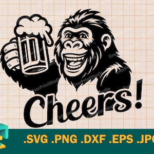 Peut inclure: Une illustration en noir et blanc d'un gorille tenant un verre de bière avec le mot "Cheers!" écrit en dessous. L'image est adaptée pour une utilisation en téléchargement numérique pour des projets d'artisanat.