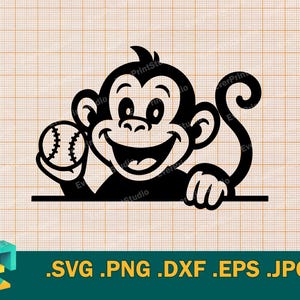 May include: Black and white illustration of a monkey holding a baseball. The monkey is smiling and has a long tail. The baseball is in the monkey's left hand.