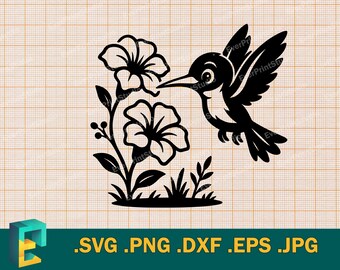 Hummingbird Svg - Cricut, Silhouette | Vector Cute Hummingbird Cut File, Flying Baby Hummingbird Flowers Template for Cutting svg, png, dxf