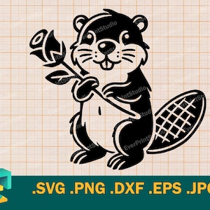 Beaver in Love SVG - Cricut, Silhouette | Cute Beaver com um arquivo de corte vetorial de rosas. Romantic Beaver SVG. Dia dos Namorados svg, png, eps,dxf