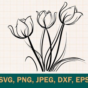May include: A black and white line drawing of three tulips with stems and leaves.
