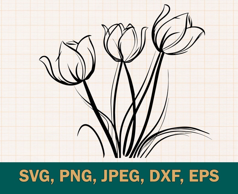 May include: A black and white line drawing of three tulips with stems and leaves.
