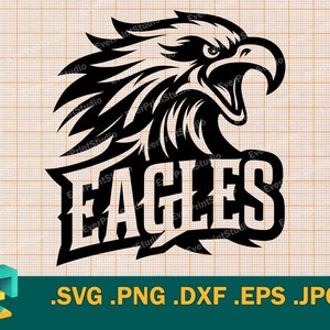 May include: Black and white vector illustration of an eagle's head with a fierce expression. The eagle's head is facing right and has a sharp beak and intense eyes. The word "EAGLES" is written in bold, stylized letters below the eagle's head.