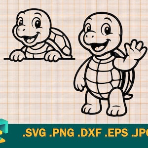 Puede incluir: Ilustraciones de tortugas de dibujos animados en blanco y negro. Una tortuga se asoma por encima de una línea y la otra saluda. La imagen incluye los tipos de archivo: .SVG .PNG .DXF .EPS .JPG.