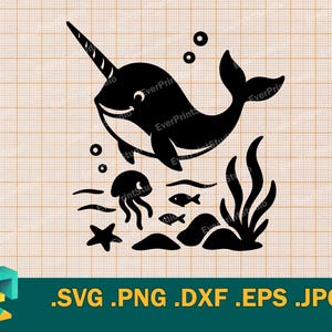 Narwhal SVG - Cricut, Silhouette | Vector Narwhal SVG Cut File | Cute Ocean Narwhal - Sea Unicorn, Template for Cutting svg, png, eps, dxf