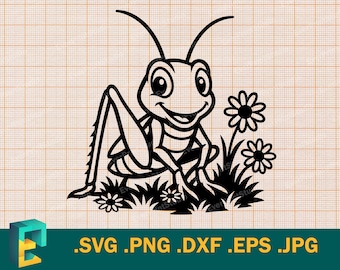 Sprinkhaan SVG - Cricut, silhouet | Vector schattig gelukkig sprinkhaan gesneden SVG-bestand | Kever sjabloon voor snijden Download svg, png, eps, dxf
