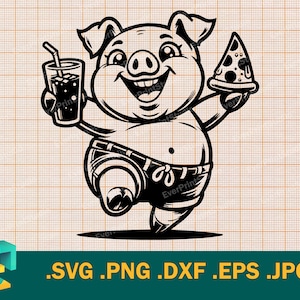 Pig with Pizza SVG - Cricut, Silhouette | Vector Happy Pizza Time Cut File | Cute Happy Pig with Glass - Template for Cutting svg, png, eps