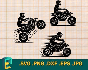 May include: Black silhouette illustrations of ATV riders in action. The image shows three different ATV riders, each in a dynamic pose, with speed lines indicating motion. The bottom of the image includes the file types: .SVG .PNG .DXF .EPS .JPG.