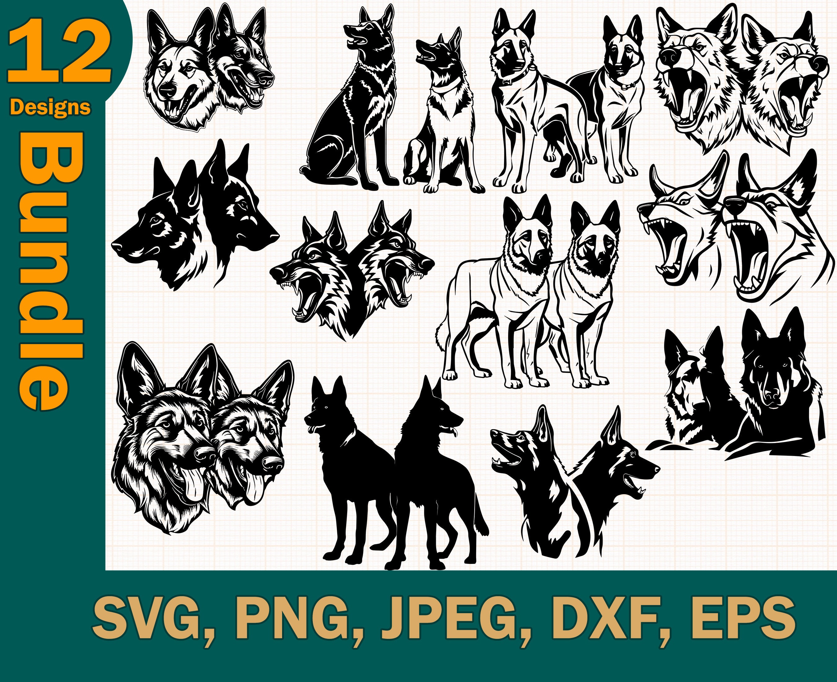 Two German Shepherd Dogs Bundle SVG cut files | Two Barking German Shepherds clipart cut, dxf | Angry Dogs cuttable, vector graphic art, png