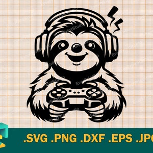 May include: A black and white illustration of a sloth wearing headphones and holding a video game controller. The sloth is smiling and appears to be enjoying playing video games.