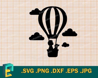 Puede incluir: Silueta en blanco y negro de un globo aerostático con dos personas y un perro dentro. El globo está volando sobre un fondo blanco con nubes.