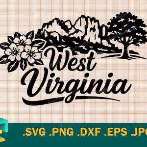 Peut inclure: Graphique noir et blanc de la Virginie-Occidentale, avec des montagnes, un arbre et des fleurs. Le nom de l'État est écrit dans une police stylisée. L'image comprend les options de type de fichier : .SVG .PNG .DXF .EPS .JPG.