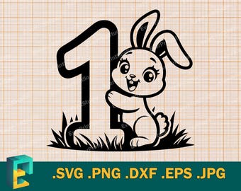 1e verjaardag SVG - Cricut & silhouet, vector schattige konijntje 1e klas gesneden bestand download verjaardag konijn, nummer één snijbestand svg, png, eps