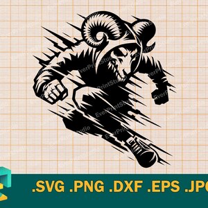 May include: Black and white illustration of a ram with horns, wearing a hooded jacket and pants. The ram is in a running pose with its legs bent and its head turned to the side. The illustration is set against a background of diagonal lines.