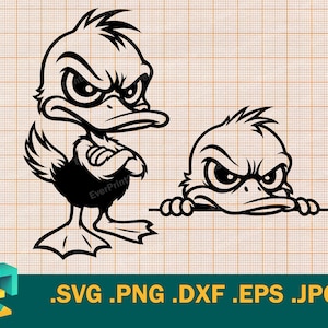 May include: Black and white cartoon duck graphic. The duck has an angry expression, with crossed arms. A second duck head graphic is also included. The image is a vector file, with file types listed below.