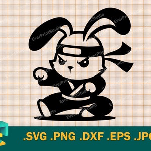 May include: Black and white illustration of a cartoon bunny rabbit wearing a black ninja outfit and a headband. The bunny is in a fighting stance with one arm raised and the other arm bent at the elbow.