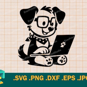 May include: Black and white illustration of a dog wearing glasses and a bandana, sitting at a laptop computer. The dog is looking at the computer screen.