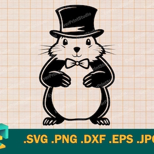 May include: A black and white illustration of a cartoon groundhog wearing a top hat and bow tie. The groundhog is standing with its arms crossed.