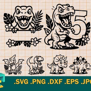 Garçon 5e anniversaire SVG - Cricut, Silhouette. Vector Dino Kid 5e anniversaire mignon T-Rex, tricératops 5e année couper fichier svg, png, eps