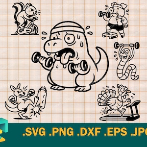 May include: Black and white line art illustrations of various animals exercising. A squirrel rides a stationary bike, a dinosaur lifts weights, a pig does a step-up exercise, a worm does a sit-up, a kangaroo boxes, and a turkey runs on a treadmill.