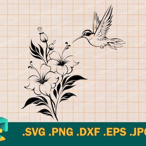 Svg fleurs colibri - Cricut, Silhouette | Fichier de coupe de colibri de vecteur, Svg de fleurs de colibri, Svg de colibri, oiseau eps, png, dxf