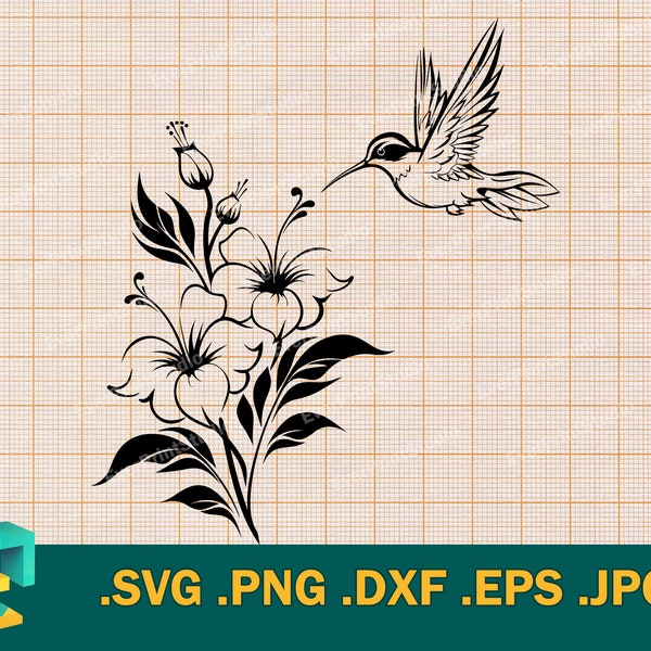Hummingbird Flowers Svg - Cricut, Silhouette | Vector Hummingbird Cut File, Hummingbird Flowers Svg, Humming Bird Svg, Bird eps, png, dxf