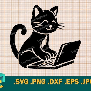 May include: Black silhouette of a cat sitting on a laptop computer. The cat is looking at the screen and has a happy expression. The laptop is open and has a keyboard and a touchpad.