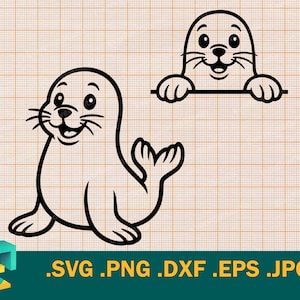 May include: Black and white line art of two seals. One seal is sitting, and the other is peeking over a line. The image includes the file types: .SVG .PNG .DXF .EPS .JPG.