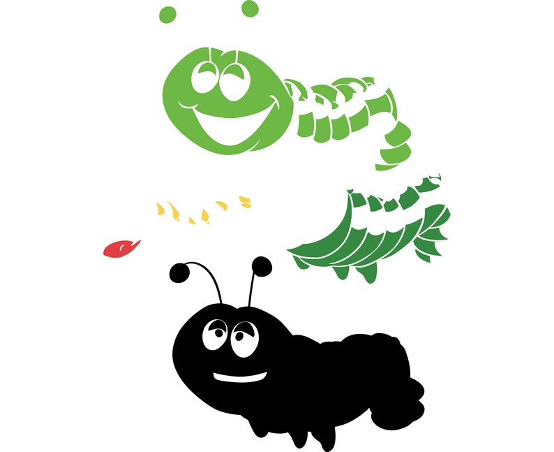 May include: Two cartoon caterpillars, one green and one black, with smiling faces. The green caterpillar is crawling on a white background, while the black caterpillar is crawling on a white background with a red leaf.