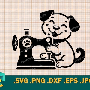 Puede incluir: Silueta en blanco y negro de un perro sosteniendo una máquina de coser. El perro sonríe y tiene una huella de pata en la máquina de coser.