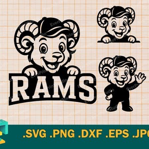 May include: A black and white graphic featuring a ram mascot wearing a baseball cap, with the word "RAMS" in bold letters. Additional smaller ram illustrations are also present. Ideal for sports-themed designs.