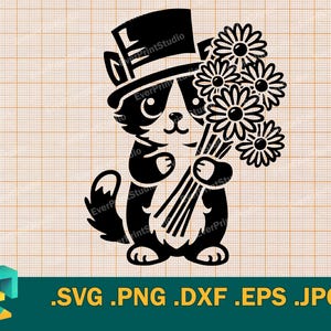 Gato fofo SVG - Cricut, Silhueta | Vetor Gatinho fofo com flores Arquivo de corte | Baixar Presente de Dia dos Namorados Gatinho svg, png, eps, dxf