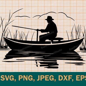 Silueta de pescador en un lago SVG, silueta de pescador Clipart, archivos de corte de pescador en un lago para Cricut