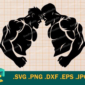 Pode incluir: Silhueta de duas figuras musculosas que se enfrentam em uma postura de boxe. As figuras estão em um design em preto e branco, com um estilo simples e ousado.