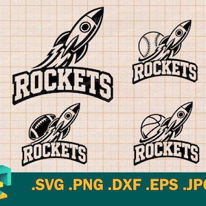 May include: Black and white graphic design featuring four "Rockets" logos. Each logo includes a rocket ship with flames, paired with a baseball, football, or basketball. The logos are set against a grid background.