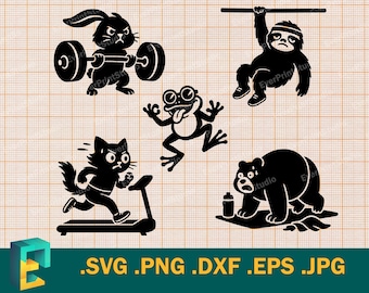 Fitness SVG, Palestra - Cricut, Silhouette / Vettore Pacchetto di animali divertenti, allenamento, esercizio, allenamento felice, bodybuilding, svg, png, eps, dxf