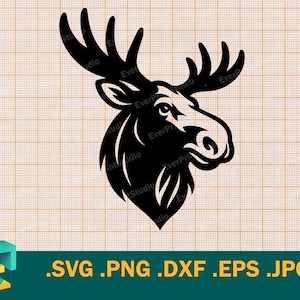 Puede incluir: Silueta negra de una cabeza de alce con grandes astas. El alce mira hacia la derecha, con detalles como los ojos, la nariz y la boca. La imagen es un gráfico vectorial, adecuado para diversas aplicaciones.