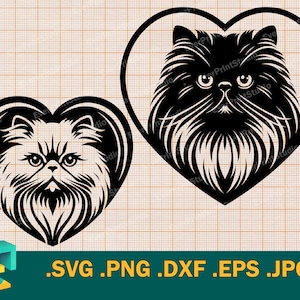 May include: Two black and white silhouette images of Persian cats inside heart shapes. The cats are facing forward with their eyes open.