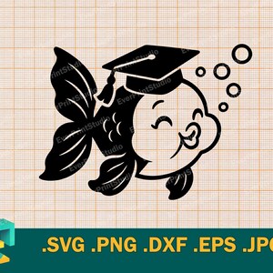 May include: Black and white silhouette of a goldfish wearing a graduation cap and blowing bubbles. The goldfish is smiling and has a happy expression. The image is a vector illustration and is suitable for use in a variety of projects, such as greeting cards, invitations, and social media posts.
