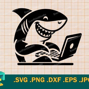 May include: Black and white illustration of a shark sitting at a desk using a laptop computer. The shark has a toothy grin and is wearing a business suit.