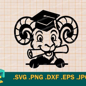 May include: Black and white illustration of a cartoon ram wearing a graduation cap and holding a diploma. The ram is smiling and has a friendly expression.