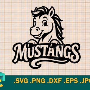 May include: Black and white graphic of a smiling horse with the word "Mustangs" in a stylized font. The horse is the central element, with the text below. The image is on a grid background.