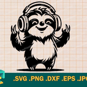 Preguiça com fones de ouvido SVG - Cricut, Silhueta | Fones de ouvido de música de preguiça fofa de vetor, download de arquivo de corte de DJ de preguiça fofa svg, png, eps, dxf