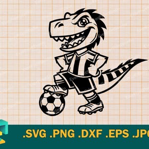 Może przedstawiać: Czarno-biała ilustracja kreskówkowego dinozaura w pasiastych piłkarskich spodenkach, kopiącego piłkę nożną.